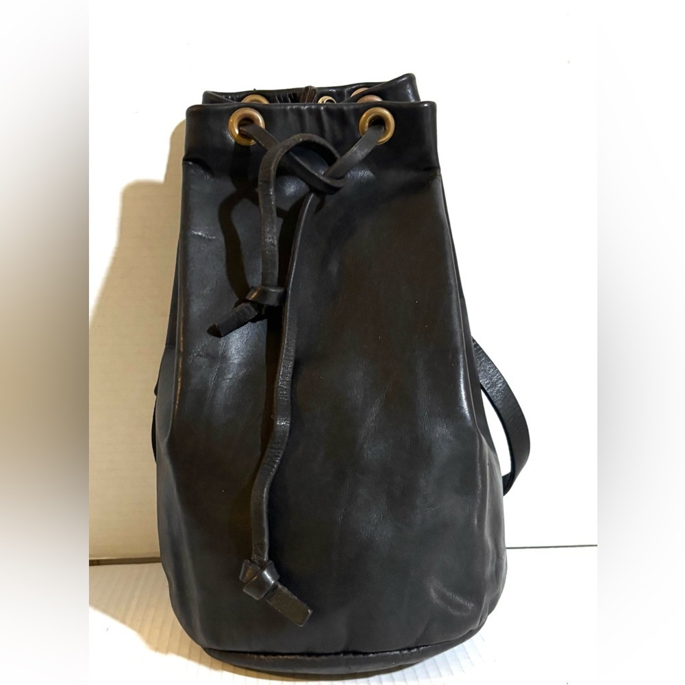 Vintage unisex Black Leather Drawstring Backpack - Casual Bag